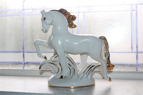 Large Vintage Lomonosov Porcelain Horse Statue White With Gold Trim