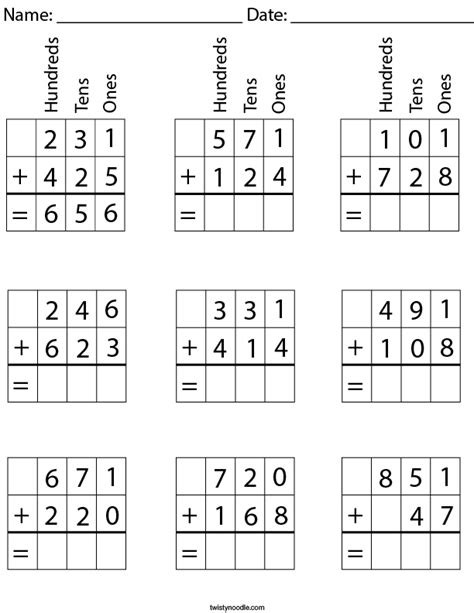 Adding 3 Digit Numbers Place Value Worksheets
