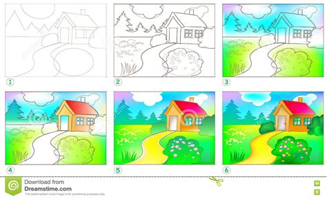 Draw the stems so that they lean in different directions. Page Shows How To Learn Step By Step To Paint A Landscape. Stock Vector - Illustration of paint ...
