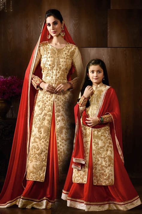Wedding Dress Online Designer Cream And Red Embroidered Indian Lehenga Dress For Motherd Mom
