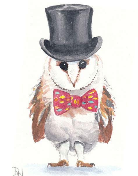 Original Owl Watercolor Painting Top Hat Bow Tie Animal Etsy Owl