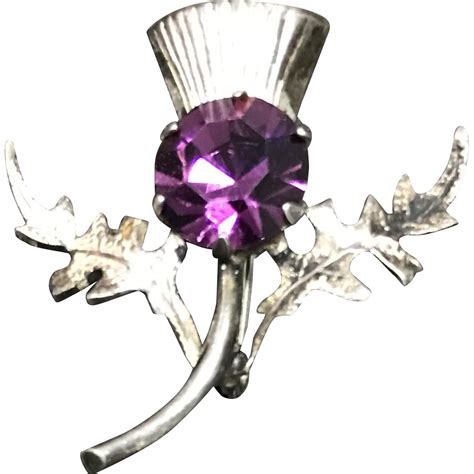 Vintage Scottish Thistle Style Sterling Silver Amethyst Pinbrooch From