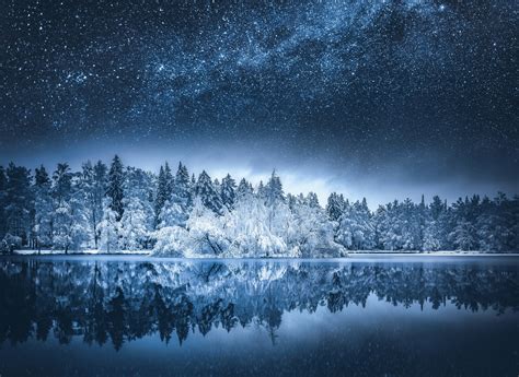 Nature Landscape Snow Milky Way Lake Starry Night Water Reflection Forest Fall Trees