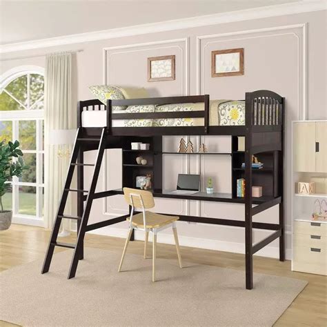 Twin Size Loft Bed With Storage Shelvesdesk And Ladderespresso Vigshome