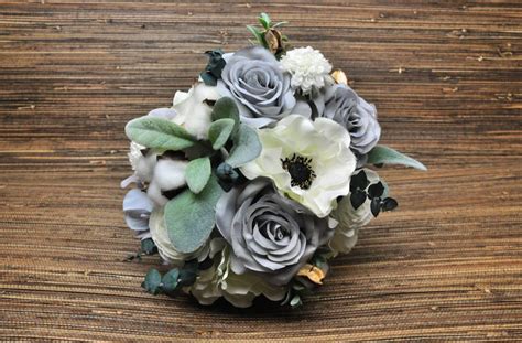 Grey And Ivory Bouquet Rose Bouquet Poppy Bouquet Wedding Etsy