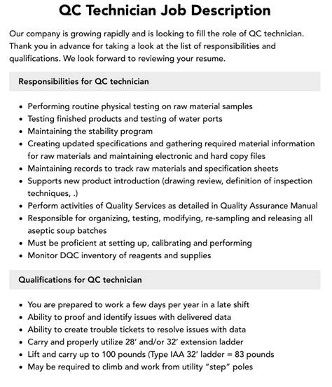 Qc Technician Job Description Velvet Jobs