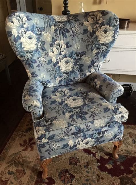 Blue armchair with mustard pillow by the white wall in lounge. Blue Floral Chair (With images) | Floral chair, Chair ...