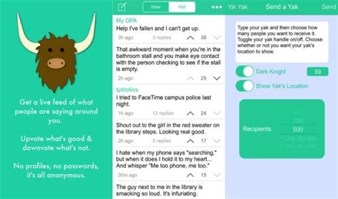Anonymous 'gossip app' yik yak blamed for cyberbullying outbreak in schools as firm behind it forced firm behind app banned first barred under 17s from downloading it claims app has triggered bomb scares and been used for cyberbullying yik yak app screens - Google Search | Smartphone apps ...