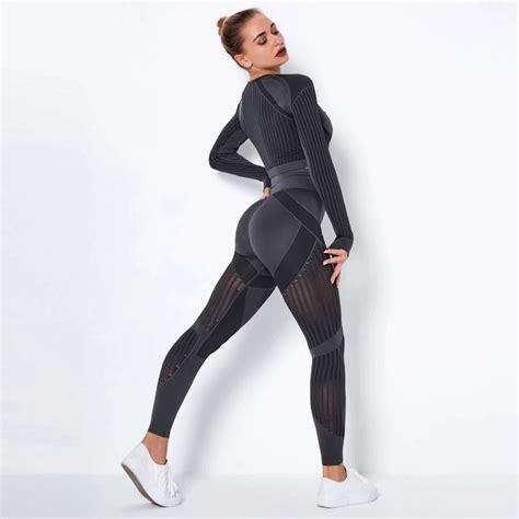 women seamless gym sets high waist gym mesh leggings shirts suit long sleeve fitness workout