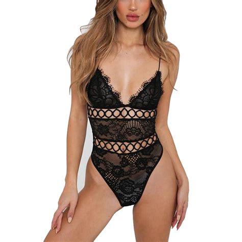 Sedex Lace Bodysuit Sexy Lingerie For Women One Piece Teddy Underwear V Neck See Through Cups