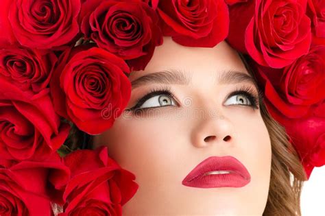 Charming Portrait Girl With Roses On Head Closeup Stock Photo Image