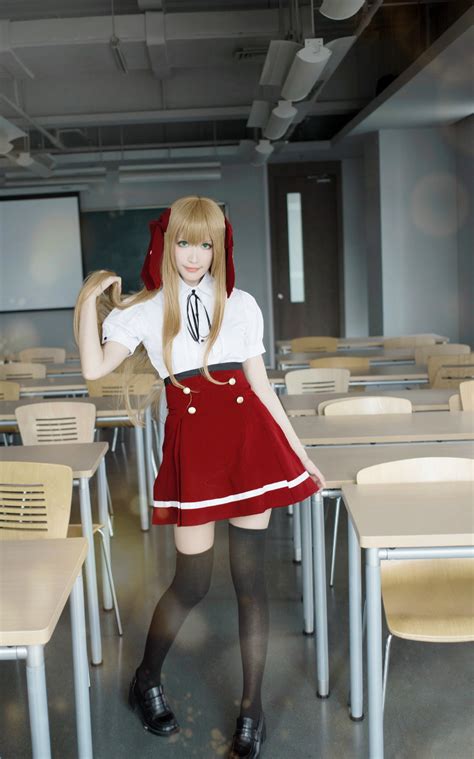 wallpaper women cosplay blonde long hair anime green eyes thigh highs classroom
