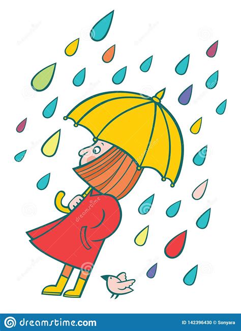 Cute Cartoon Girl With Umbrella In The Colorful Rain Vector Stock