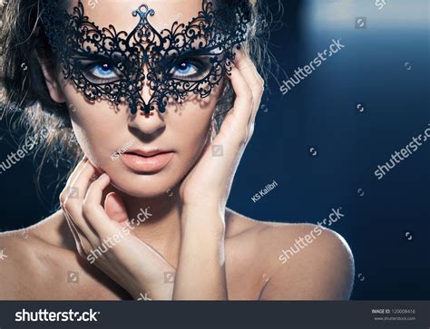 Masknudegirlvenice Carnival Mask Close Up Female Portraitblue Eyes Black Background Stock