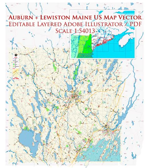 Auburn Lewiston Maine Us Map Vector Exact City Plan Low Detailed