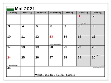 Ist das die tagesordnung für sie? Kalender "Sachsen" Mai 2021 zum ausdrucken - Michel Zbinden DE