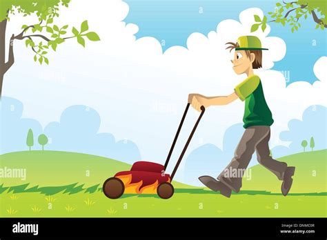 Vector Illustration Man Mowing Lawn High Resolution Stock Photography