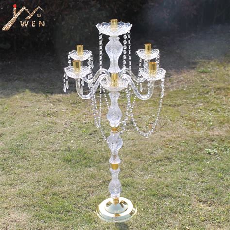 90 Cm Height Acrylic 5 Arms Metal Candelabras With Crystal Pendants