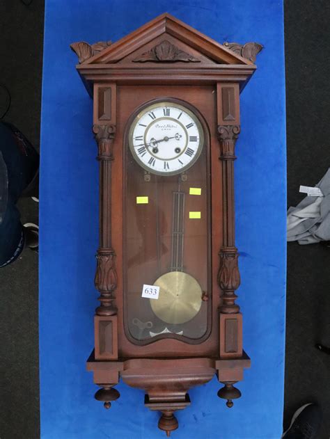 Lot Large Ornate Vienna Regulator Wall Clock Walnut Cased With Pendulum And Key Carl Potzl Graz