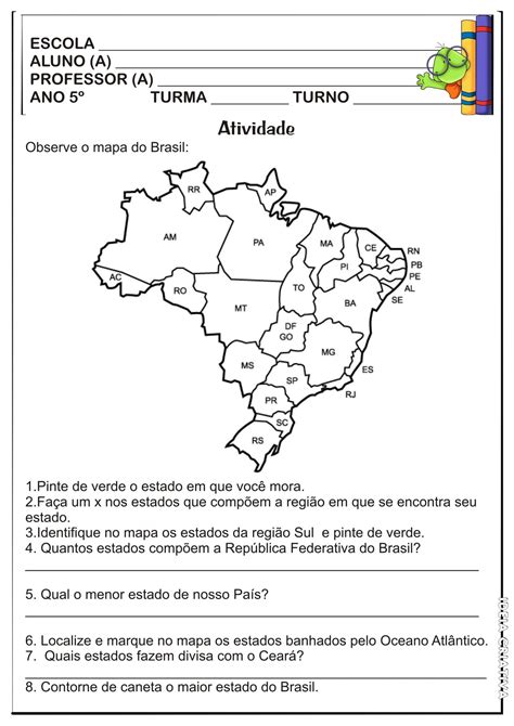 Atividade Geografia 5º Ano Estados Brasileiros 6ae