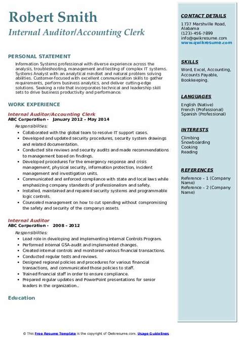 That means showing your personality, not just your professional experience. Internal Auditor Resume Samples | QwikResume