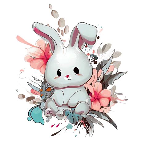 Lindo Conejo Jugando Con Diseños De Flores Png Conejo Lindo Flor