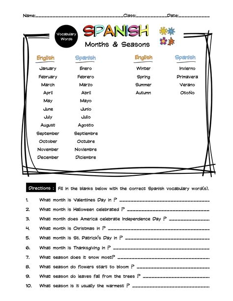 Spanish Months And Seasons Vocabulary Word List Worksheet And Answer Key