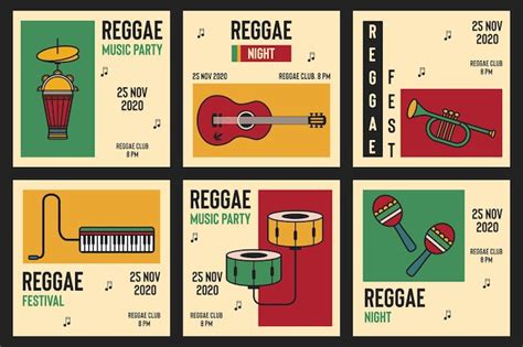 Vector Set Poster Pour Le Festival De Reggae Avec Des Instruments De