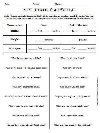 6th Grade Time Capsule Worksheet