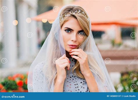 Portrait Beautiful Girl Outside On Terrace Background She Holds Blue Veil Covering Her Head