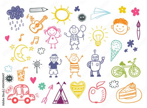 Happy Kids Doodle Set With Toys And Tools Children Drawings Stock