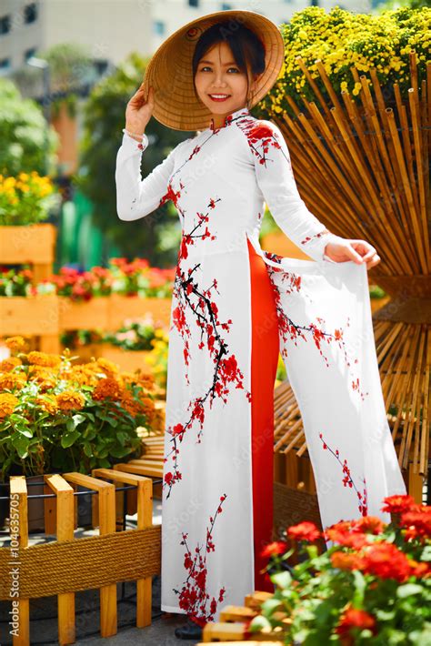 Culture Of Asia Beautiful Happy Smiling Young Asian Woman Wearing Traditional White Ao Dai