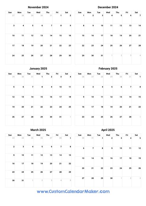 November 2024 To April 2025 Printable Calendar