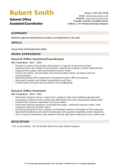This resume example is a great representation of what a hiring manager is looking for in a assistant general manager resume. General Office Assistant Resume Samples | QwikResume
