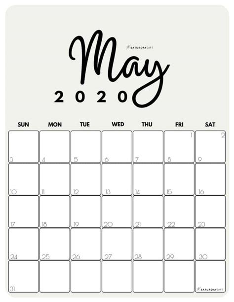 Cute (& Free!) Printable May 2020 Calendar | SaturdayGift Year 2021 printable yearly and monthly calendars with holidays and observances.