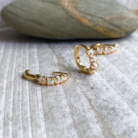 Tiny Opal Hoop Earrings Dainty Gold Hoops Opal And Gold Hoop Etsy