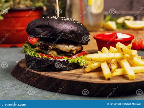 Black Chocolate Pan Beef Cheese Burger With Vegetables Fast Food