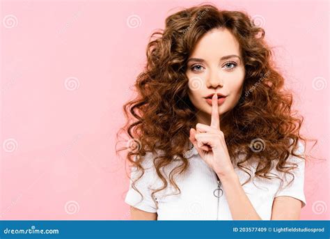Beautiful Curly Girl Showing Silence Symbol Stock Image Image Of