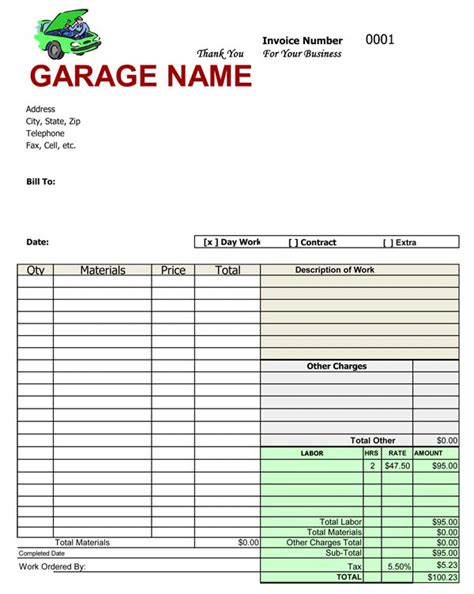 Free Printable Auto Repair Invoice Template Room