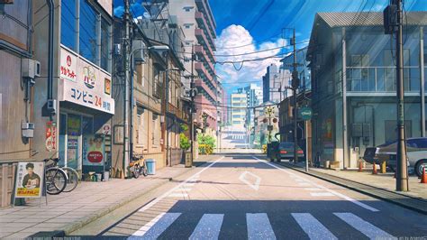 Download 1920x1080 Anime Street Scenic Buildings Bicycle Cars Road