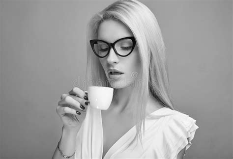 gorgeous sensual blonde woman in white dress with cup of coffee stock image image of
