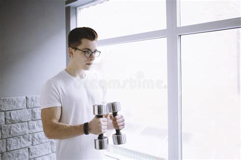 Young Sportsman Doing Workout With Dumbbell Stock Image Image Of