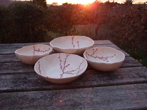 Ceramic Bowl Cherry Blossom Creamy Painted By Damsontreepottery