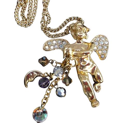 Kirks Folly Vintage Angel Cherub Pendant Necklace Moon Star