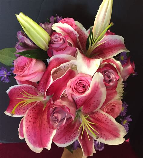 Wedding Bouquet With Stargazer Lilies Lavender And Pink Roses Purple