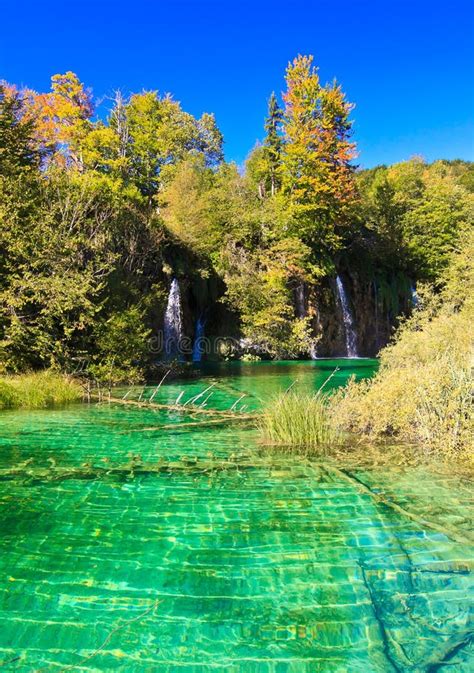 Plitvice National Park Waterfall And Clear Water Lake Croatia Stock