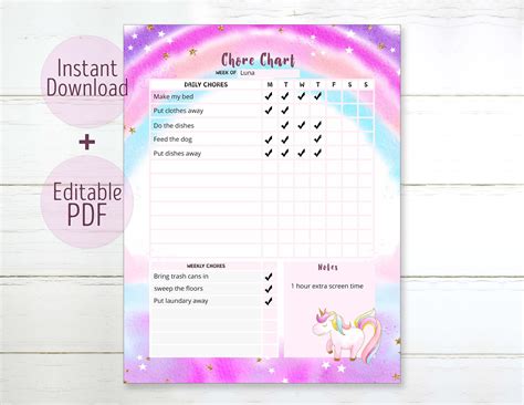 Pink Unicorn Chore Chart For Kids Editable Pdf Letter And A4 Etsy