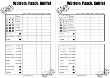 Du kannst wählen zwischen zwei und. Würfelblatt, Pasch, Yahtzee, Yatzy, A5 (PDF) | Pdf-Vorlage ...