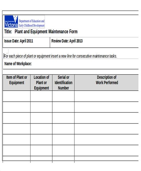 Excel Maintenance Form Equipment Maintenance Log Template 20 Free