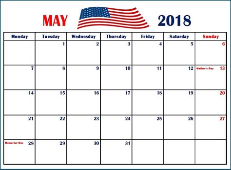 May 2018 Calendar With Holidays United States Holiday